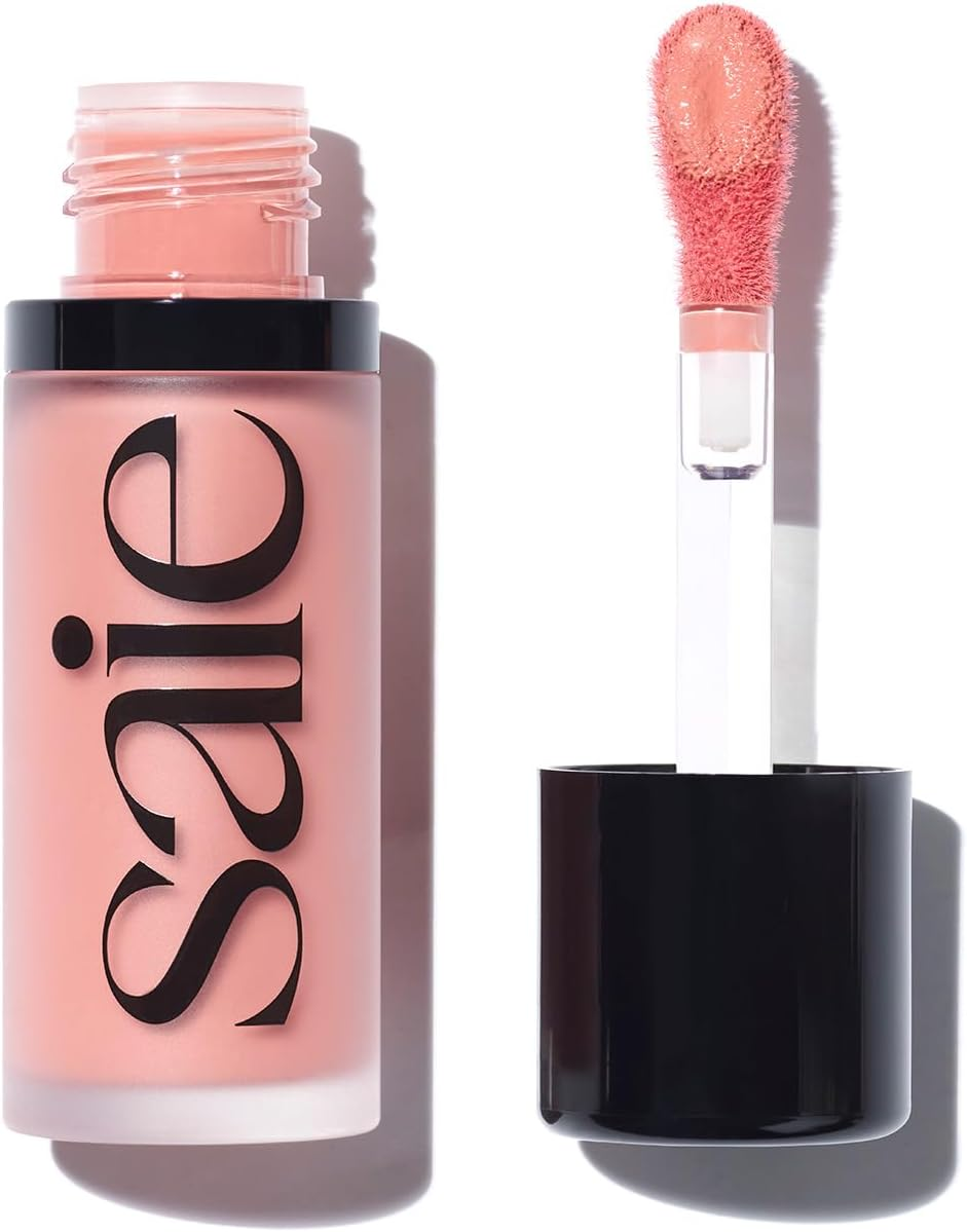 Saie Dew Liquid Blush in 02 Rosy — open bottle with soft pink applicator on white background, clean non-toxic blush for tweens and teens