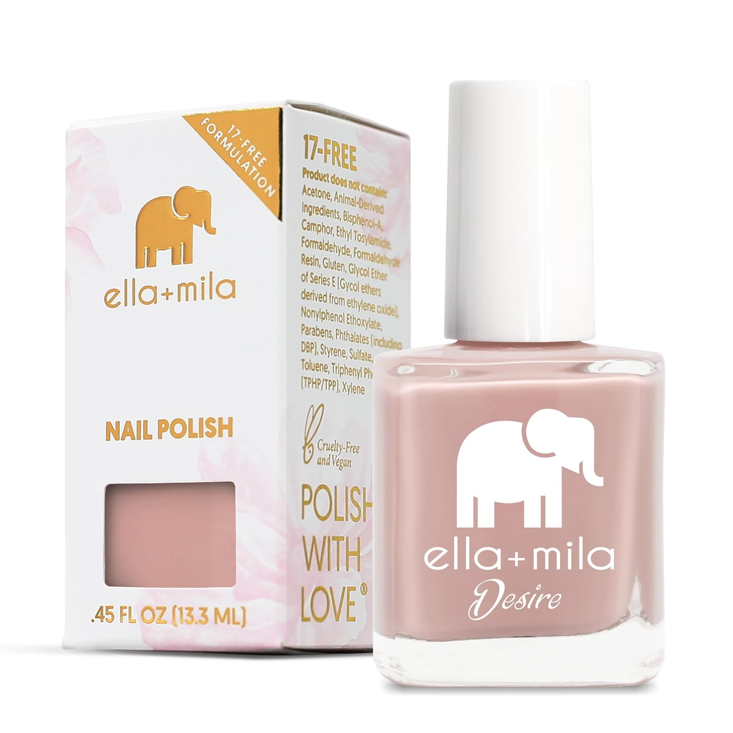 ella+mila Desire nail polish in Desert Suede dusty mauve-nude shade with 17-free vegan formula box and bottle on white background