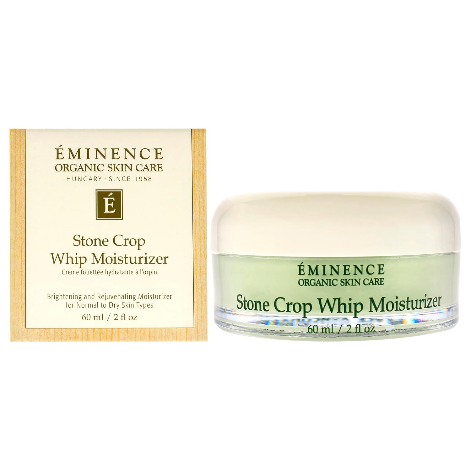 Éminence Organic Stone Crop Whip Moisturizer in a sage green glass jar with wooden box packaging on white background