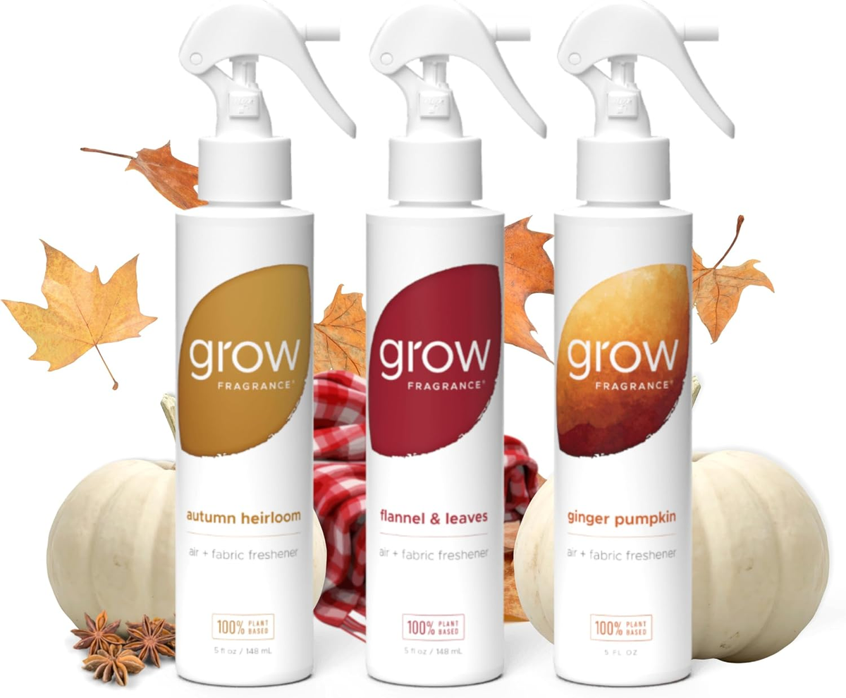 Grow Fragrance Fall 3-Pack room and fabric spray — Flannel & Leaves, Autumn Heirloom, Ginger Pumpkin — 100% plant-based certified non-toxic — BodyWell1