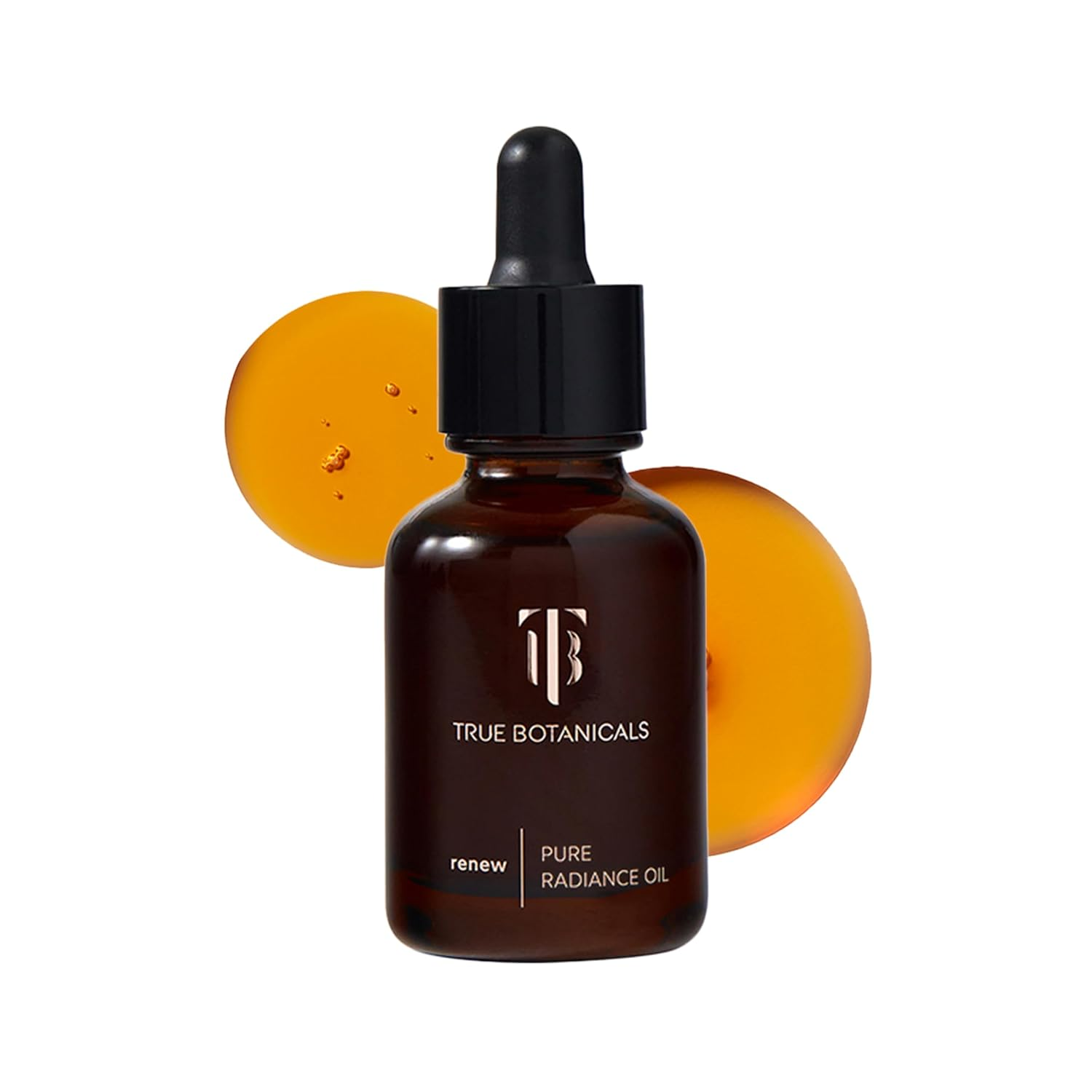 True Botanicals Renew Pure Radiance Oil in a dark amber glass dropper bottle with golden oil swatch on white background