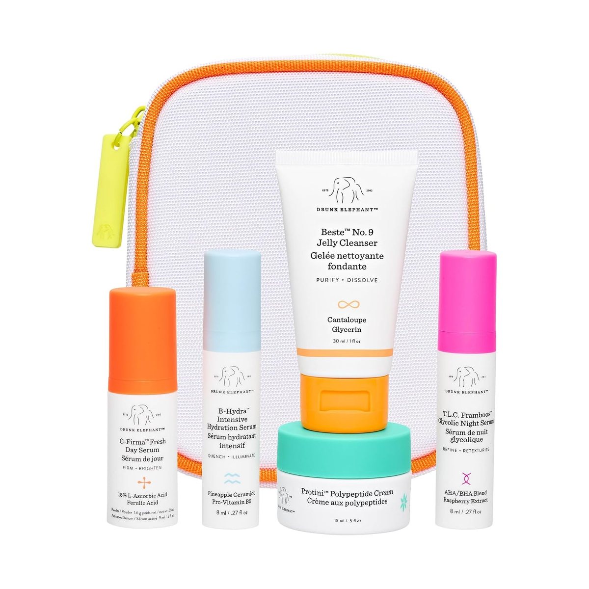 Drunk Elephant The Littles Kit — 5 travel-size clean skincare essentials including C-Firma Serum, B-Hydra Serum, Beste Cleanser, Protini Cream, and T.L.C. Framboos Night Serum with orange zip pouch — BodyWell1