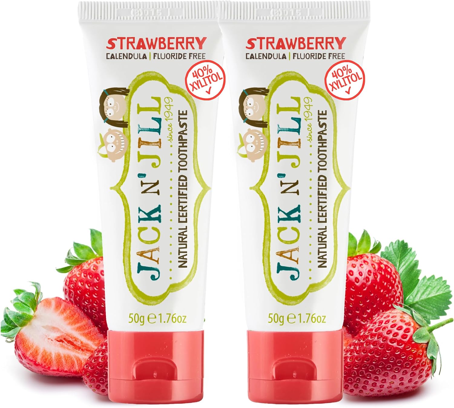 Two tubes of Jack N' Jill strawberry-flavored toothpaste with strawberries on a white background