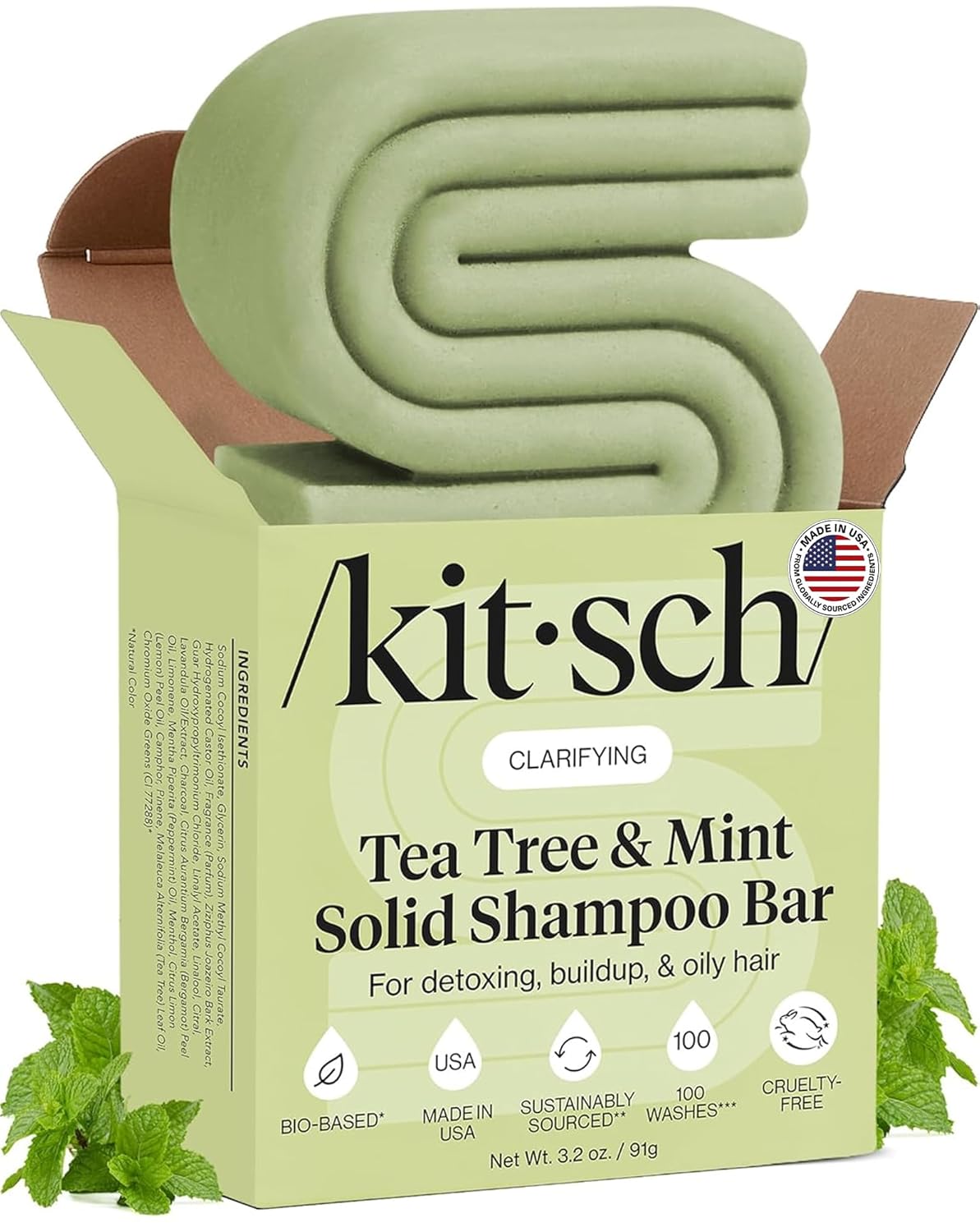 Kit-sch Tea Tree & Mint Solid Shampoo Bar packaging with shampoo bars inside