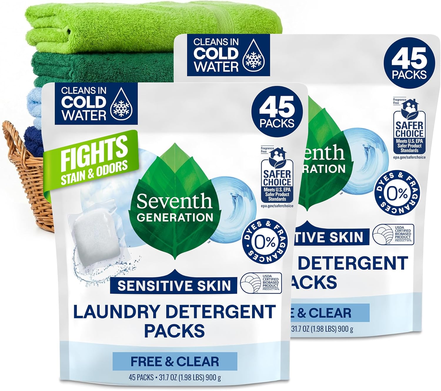 Seventh Generation laundry detergent packs with green towels in a basket on a white background