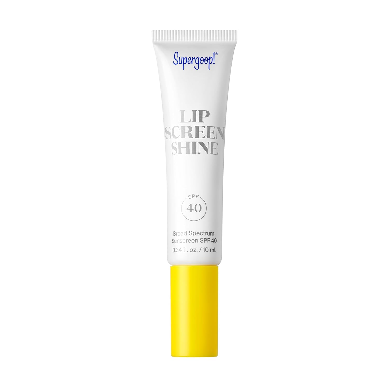 Supergoop lip screen shine tube with white cap and yellow base on a white background