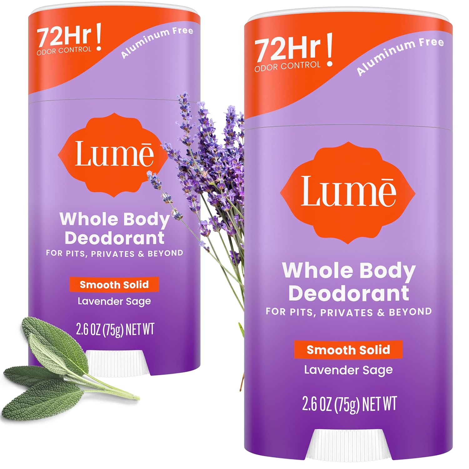 Two Lume whole body deodorant sticks with lavender and sage leaves on a white background