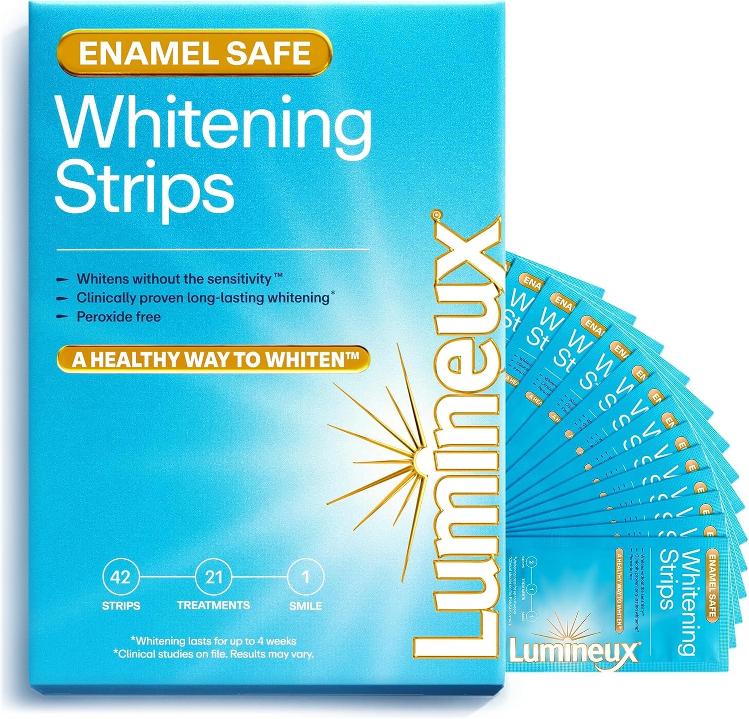Lumineux Whitening Strips packaging with blue and gold design on a white background