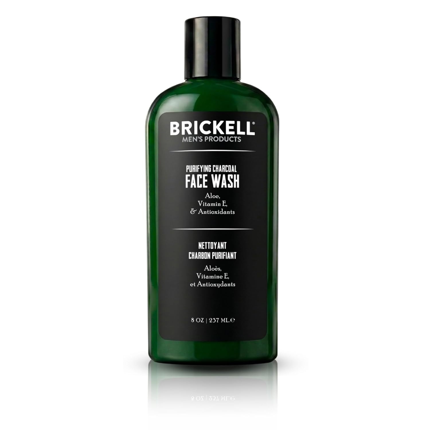 Brickell Men's Products Purifying Charcoal Face Wash in a dark green 8 oz bottle with a black cap. The product label highlights aloe, vitamin E, and antioxidants. Product shown against a clean white background.
