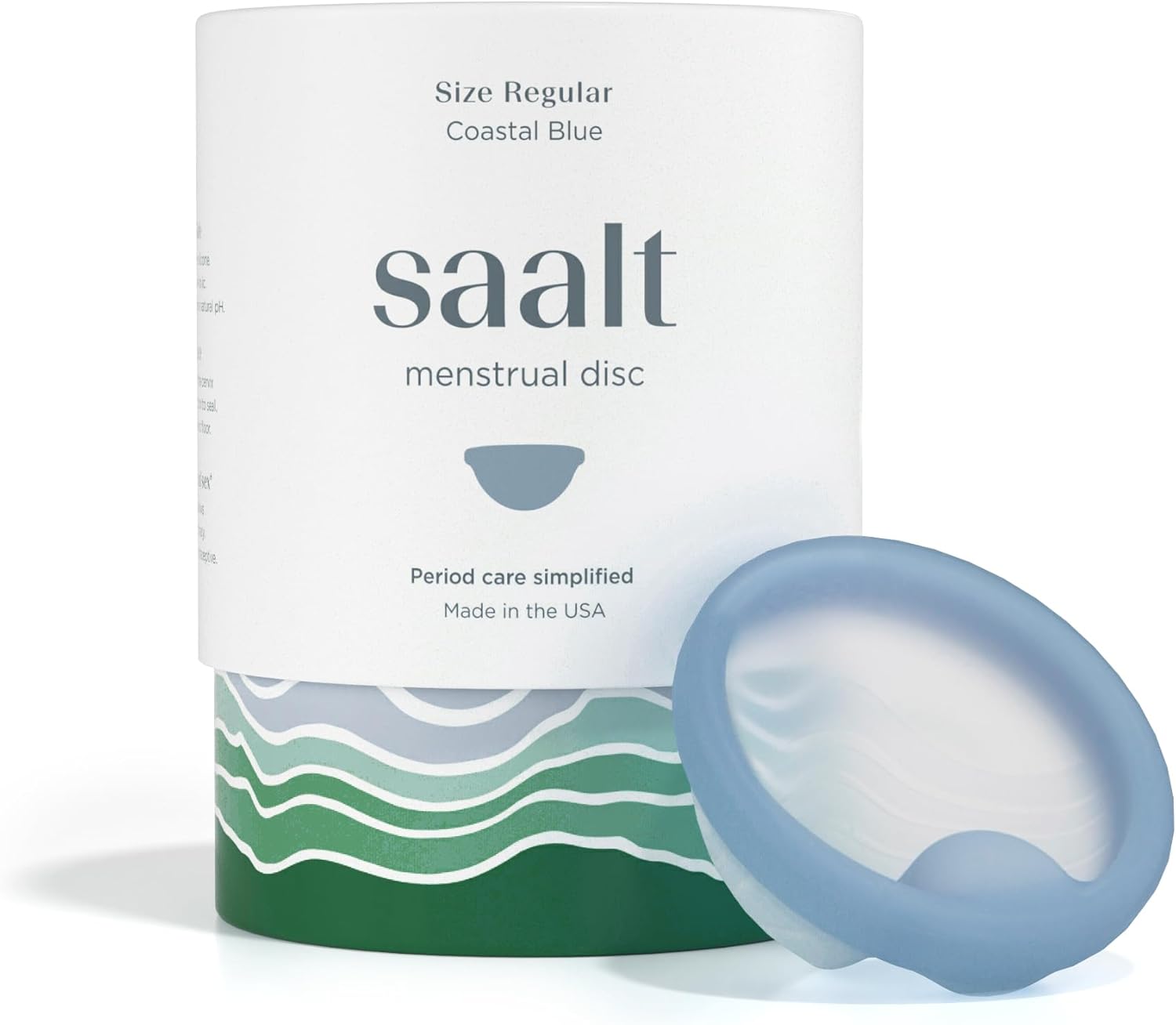 saalt menstrual disc packaging with a blue disc on a white background