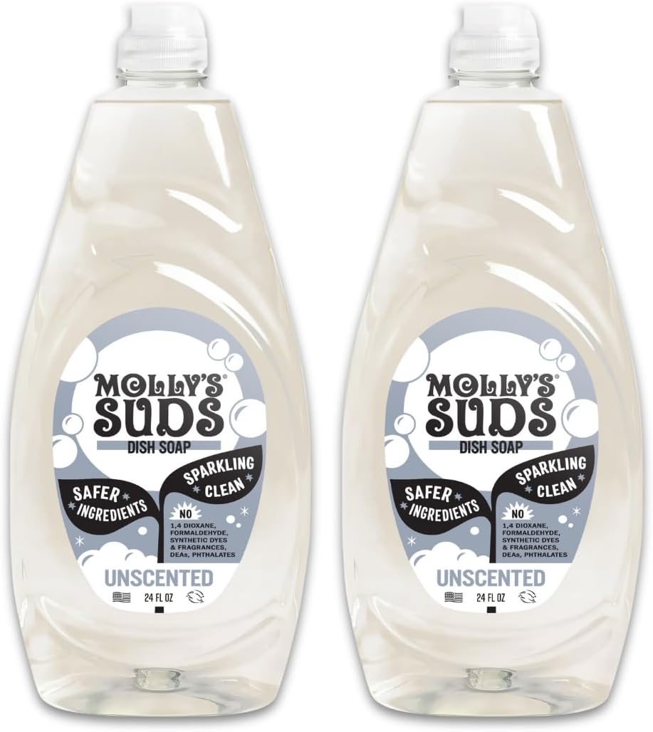 Two bottles of Molly's Suds dish soap on a white background