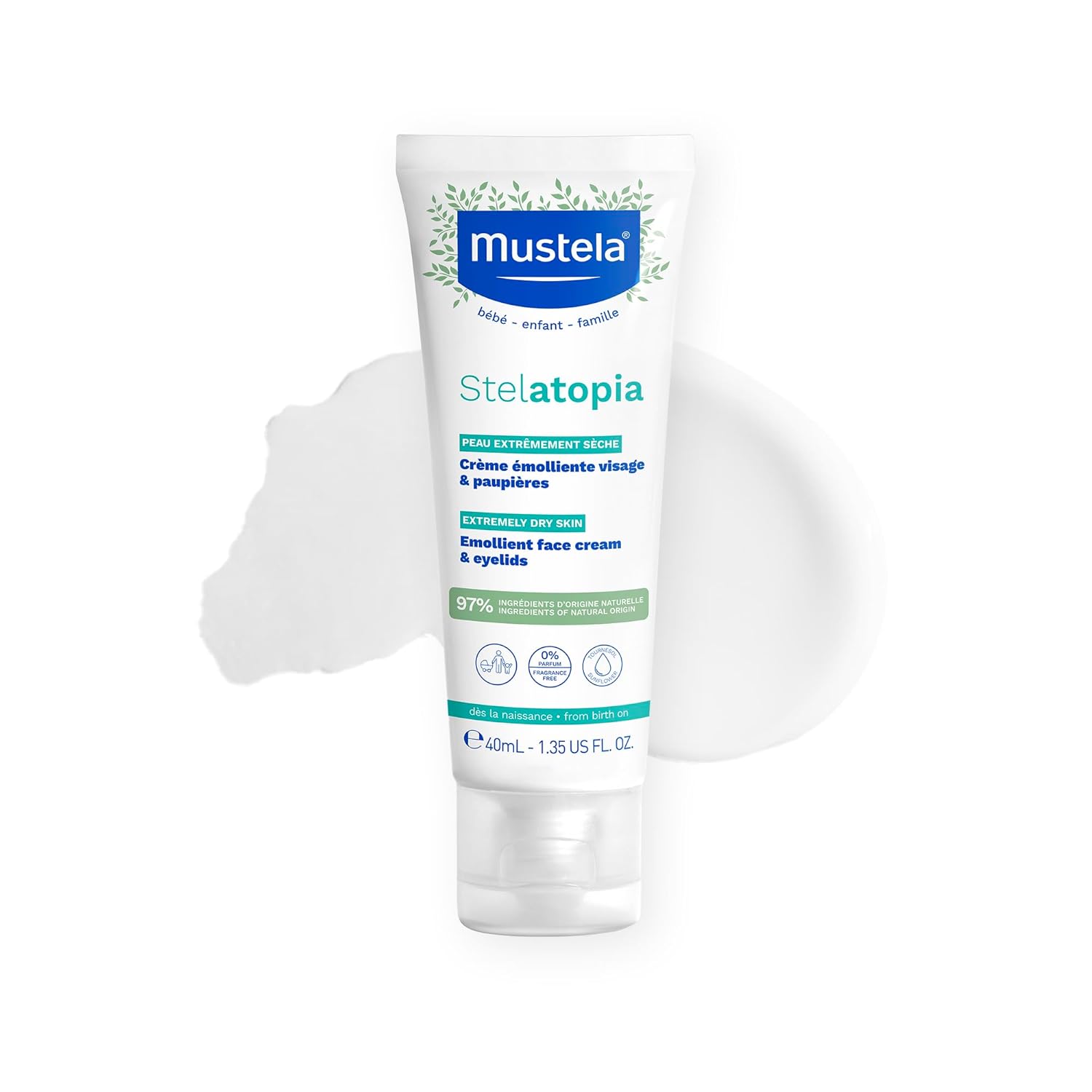 Mustela Stelatopia Emollient Face Cream tube on a white background