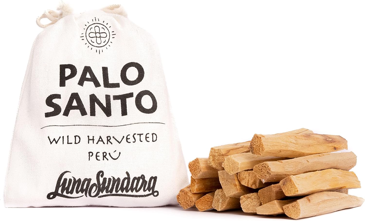 Palo Santo sticks with a branded bag on a white background