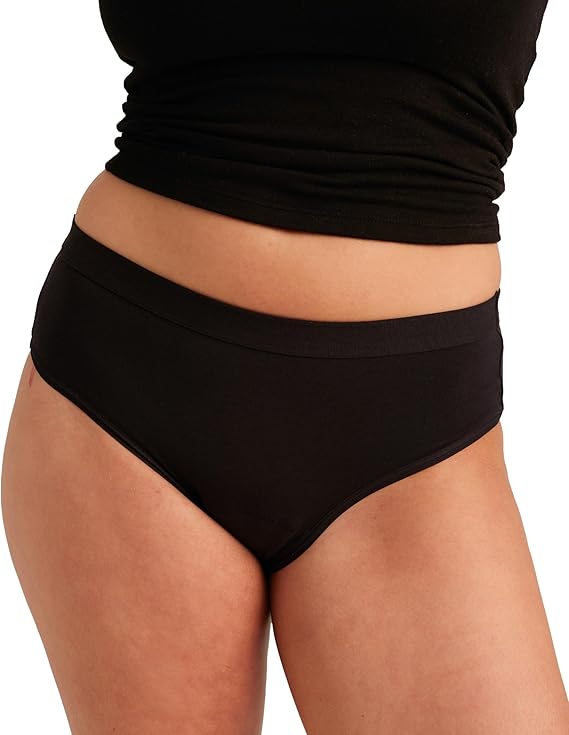 Black high-waisted underwear worn by a person on a white background