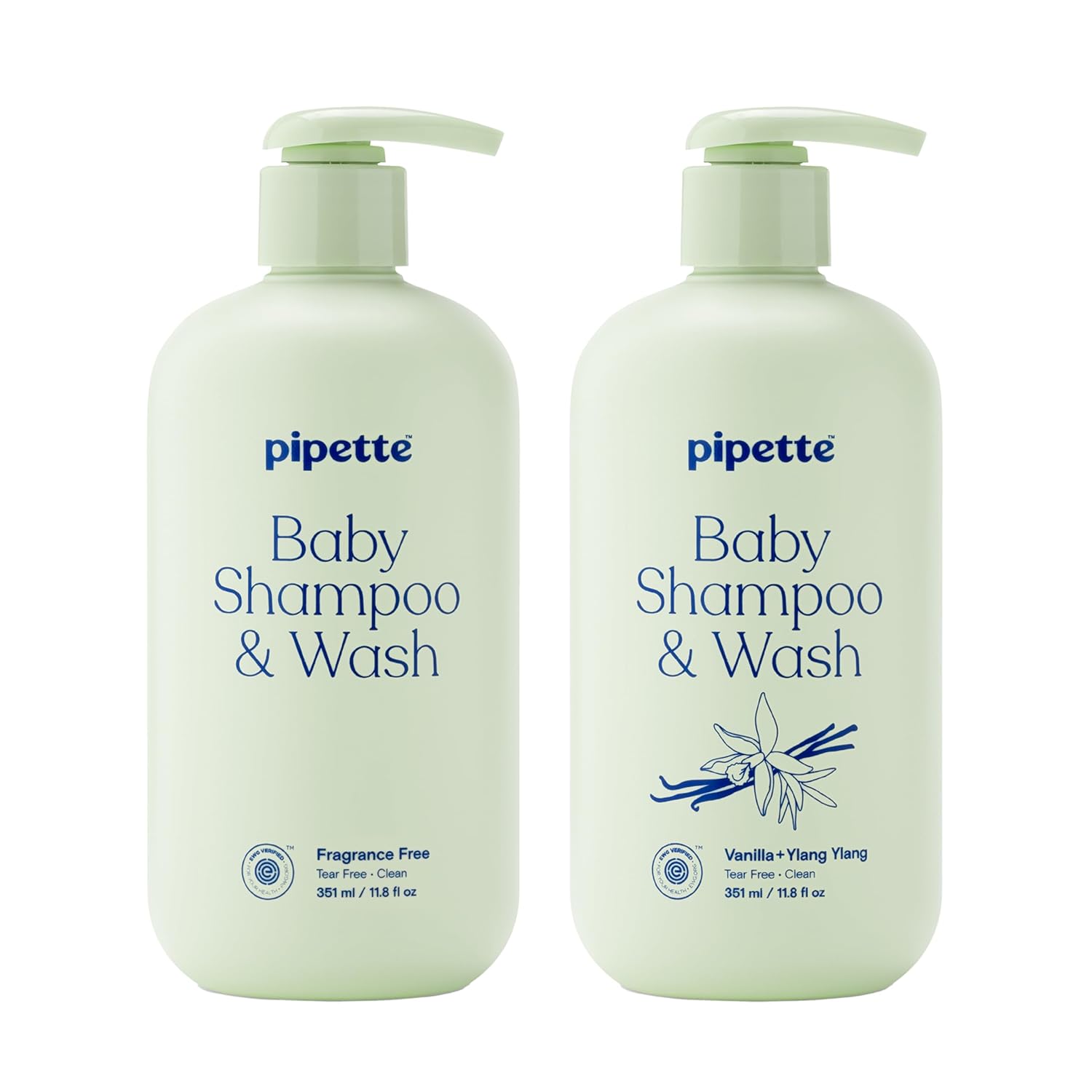 Pipette Baby Shampoo and Gentle Wash in 2 sage green bottles — EWG Verified, sulfate-free, fragrance-free baby wash with plant-derived squalane