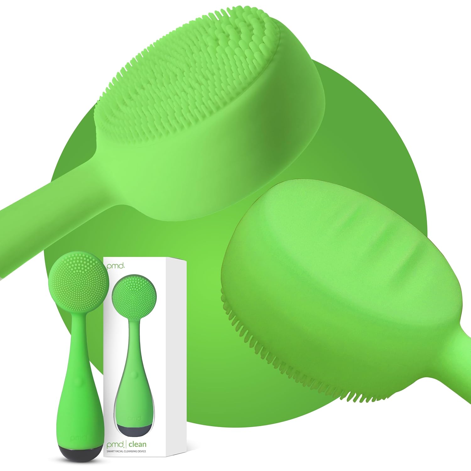 Green silicone cleaning brush set with packaging on a white background