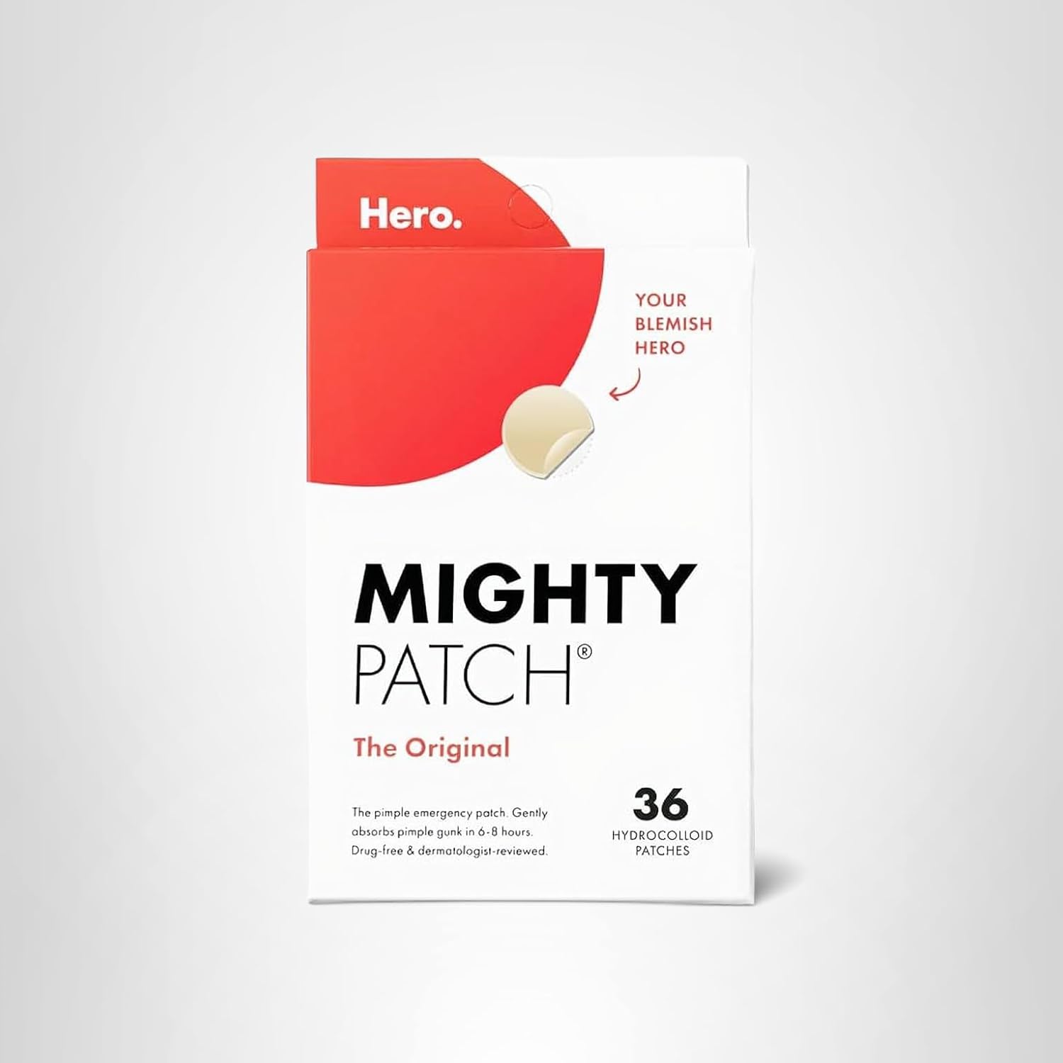 Mighty Patch packaging with red and white design on a light gray background
