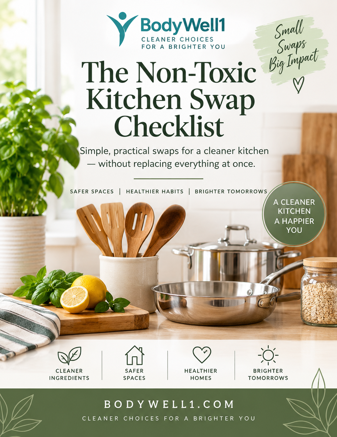 Promotional graphic for BodyWell1 titled 'The Non-Toxic Kitchen Swap Checklist,' featuring a bright kitchen scene with stainless steel cookware, wooden utensils, basil, lemons, and jars, plus text about cleaner ingredients, safer spaces, healthier habits, and brighter tomorrow.
