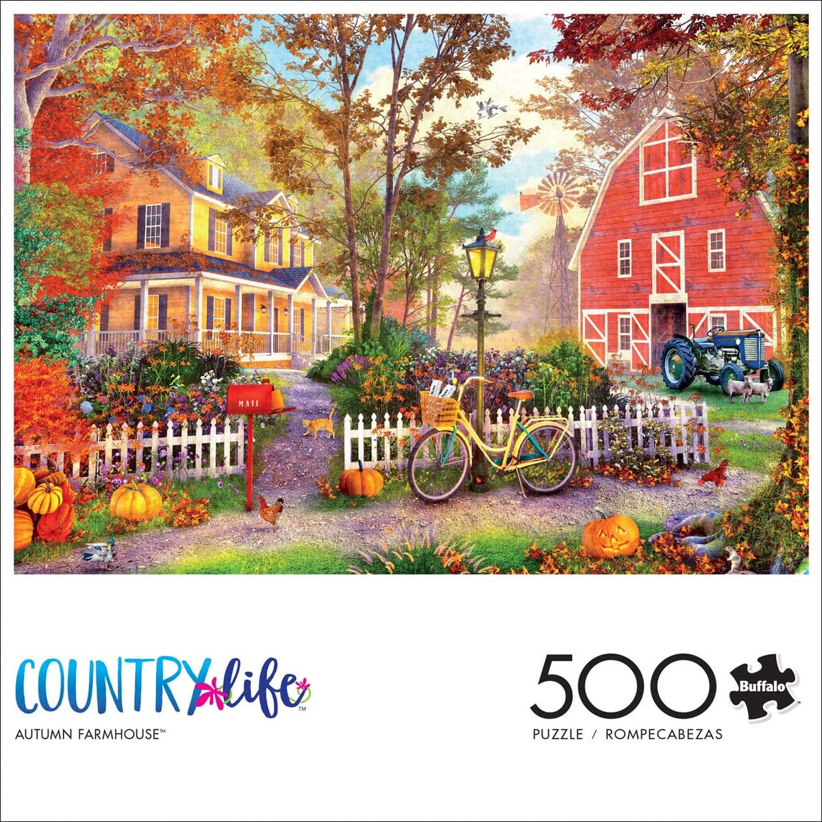 Jigsaw puzzle packaging featuring a colorful autumn scene with a farmhouse, barn, and bicycle.