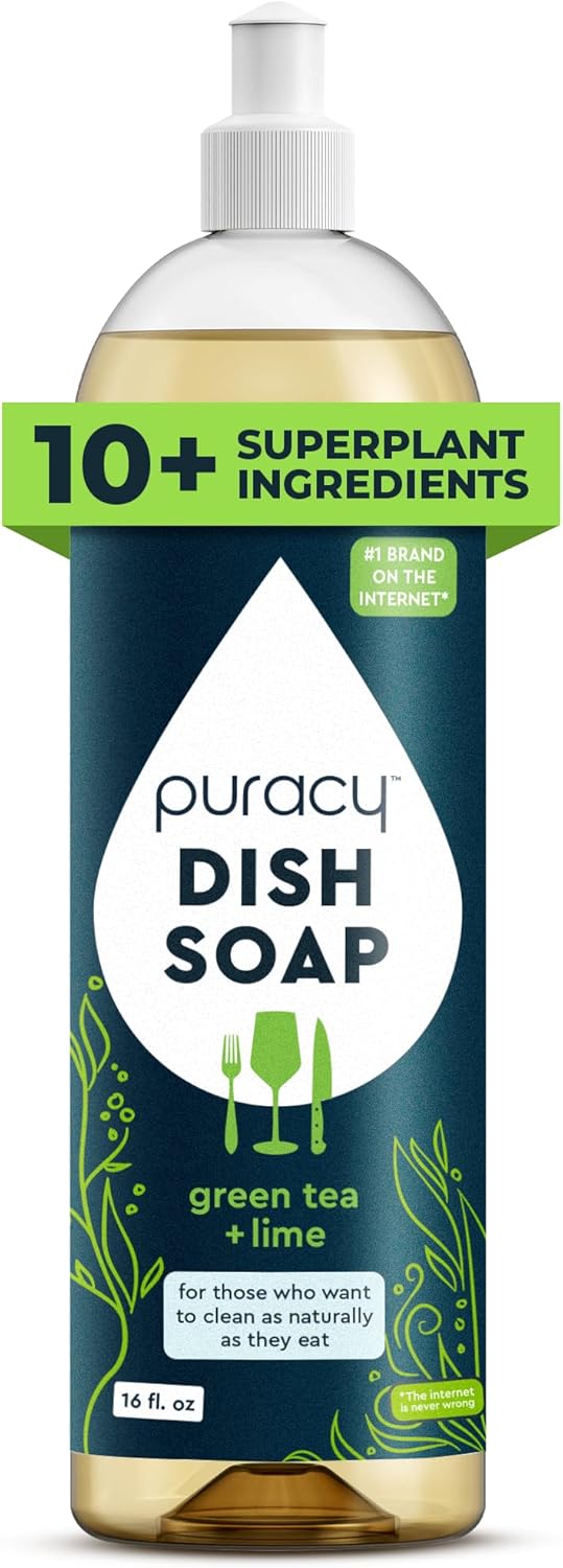Puracy dish soap bottle with green tea and lime flavor on a white background
