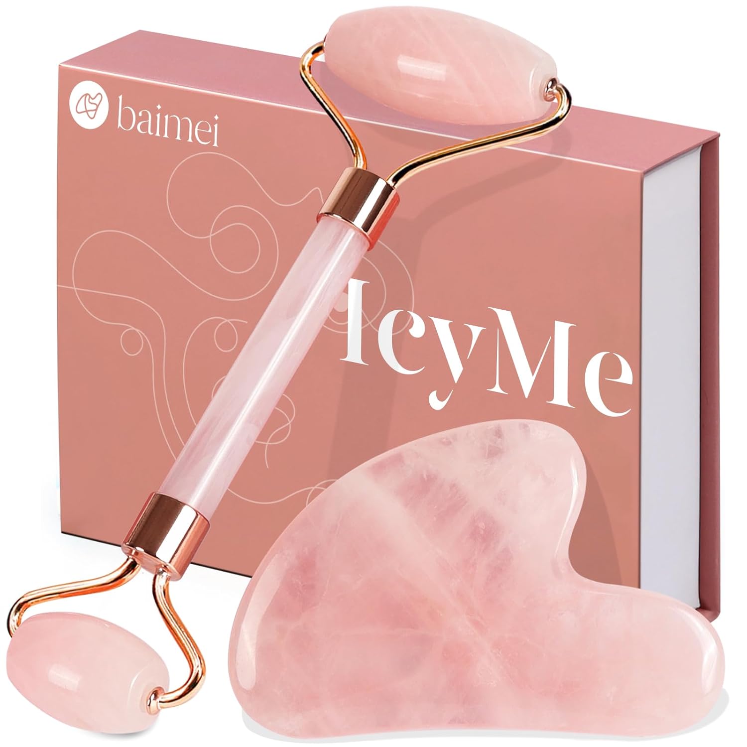 Pink jade roller and gua sha tool with 'IeyMe' branding on a pink box.