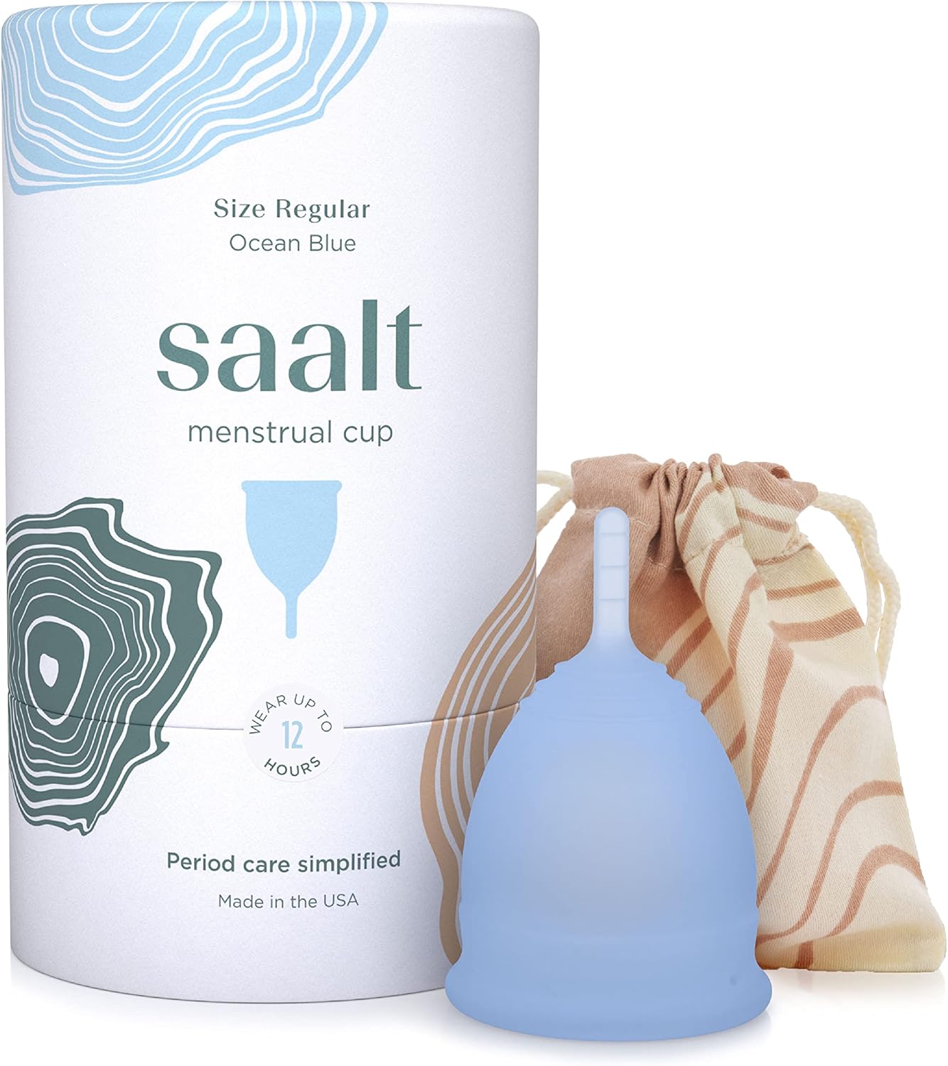 Saalt menstrual cup with packaging and carrying pouch on a white background