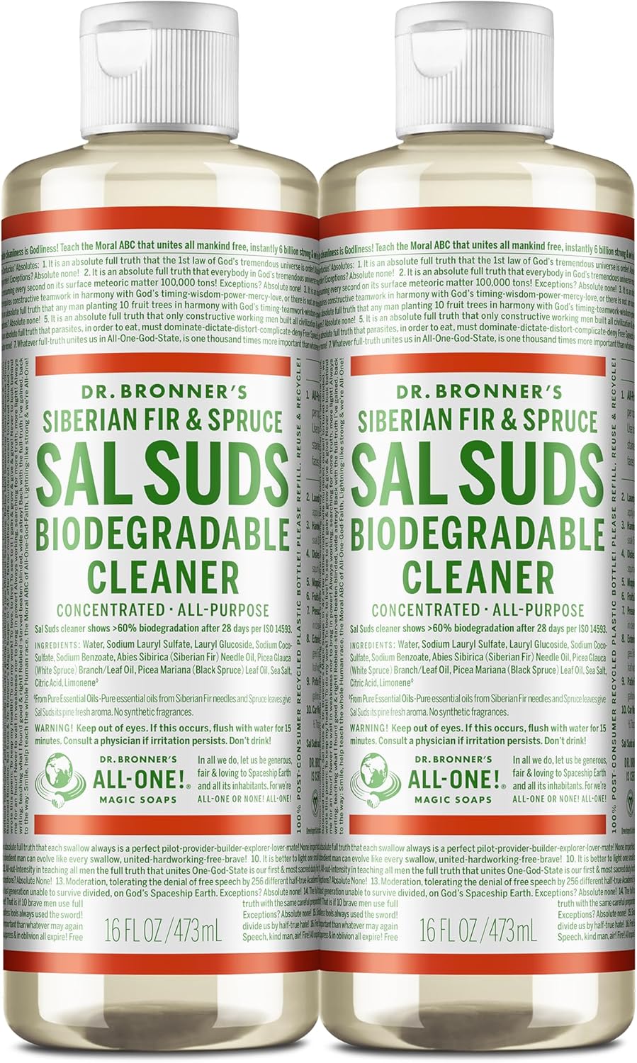 Two bottles of Dr. Bronner's Sal Suds Biodegradable Cleaner on a white background