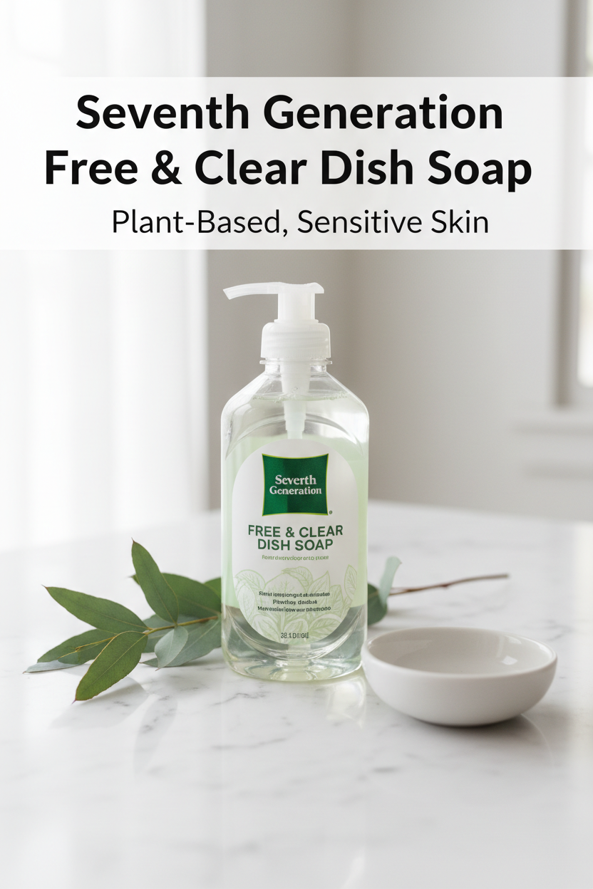 Seventh Generation Free & Clear Dish Soap bottle on a white surface with a leaf and bowl in the background.