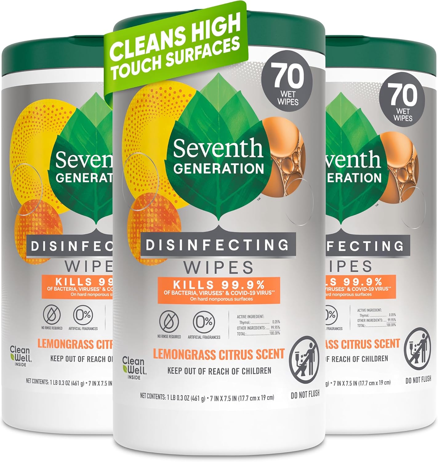 Three containers of Seventh Generation disinfecting wipes with lemongrass citrus scent on a white background.