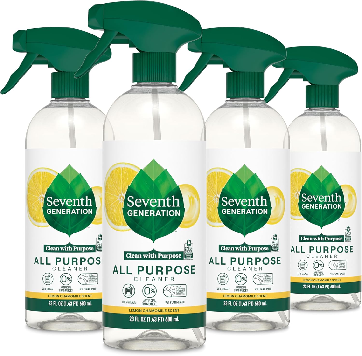 Four bottles of Seventh Generation all-purpose cleaner on a white background