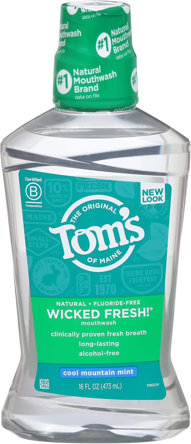 Tom's of Maine mouthwash bottle with green label on a white background