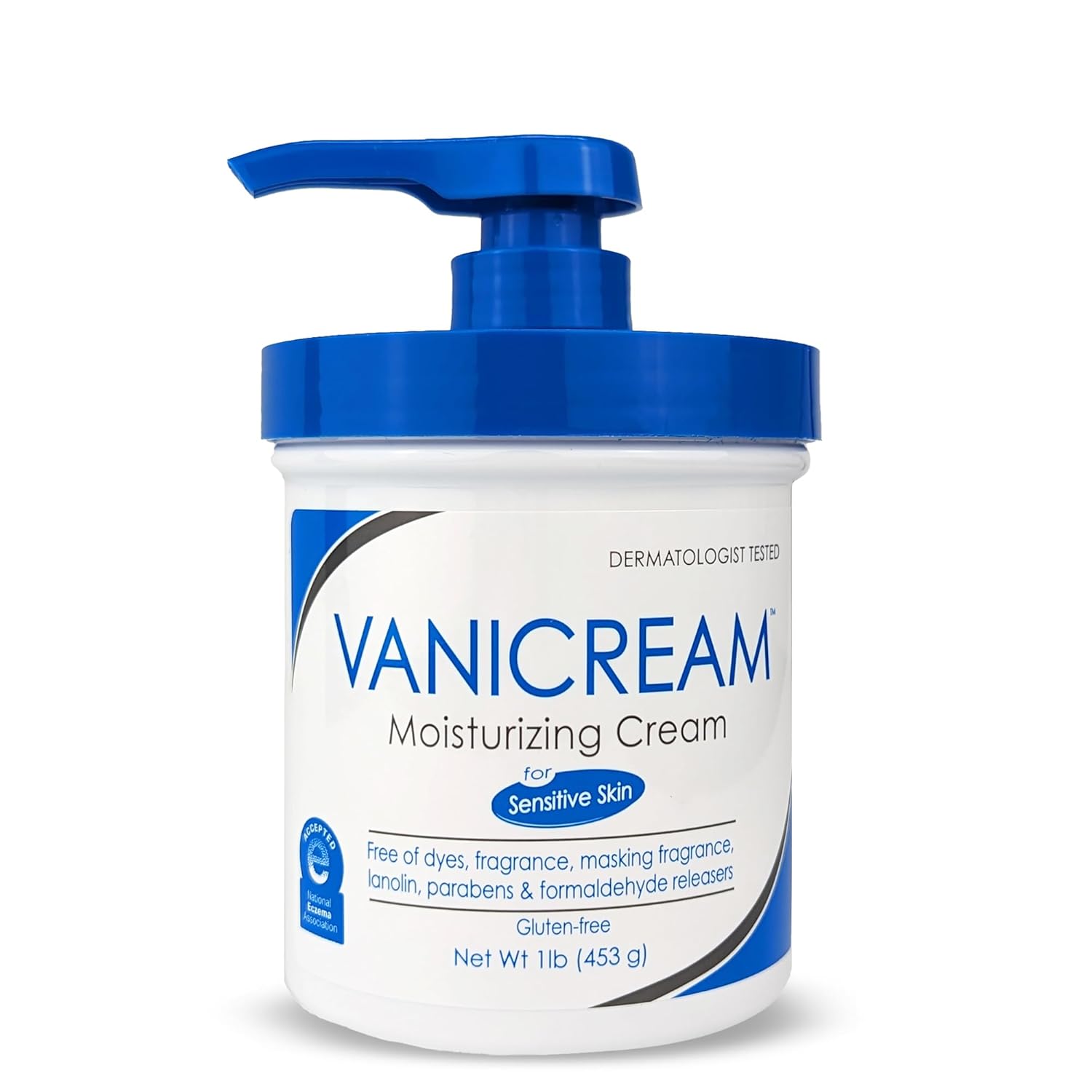 Vanicream moisturizing cream jar with blue pump on a white background