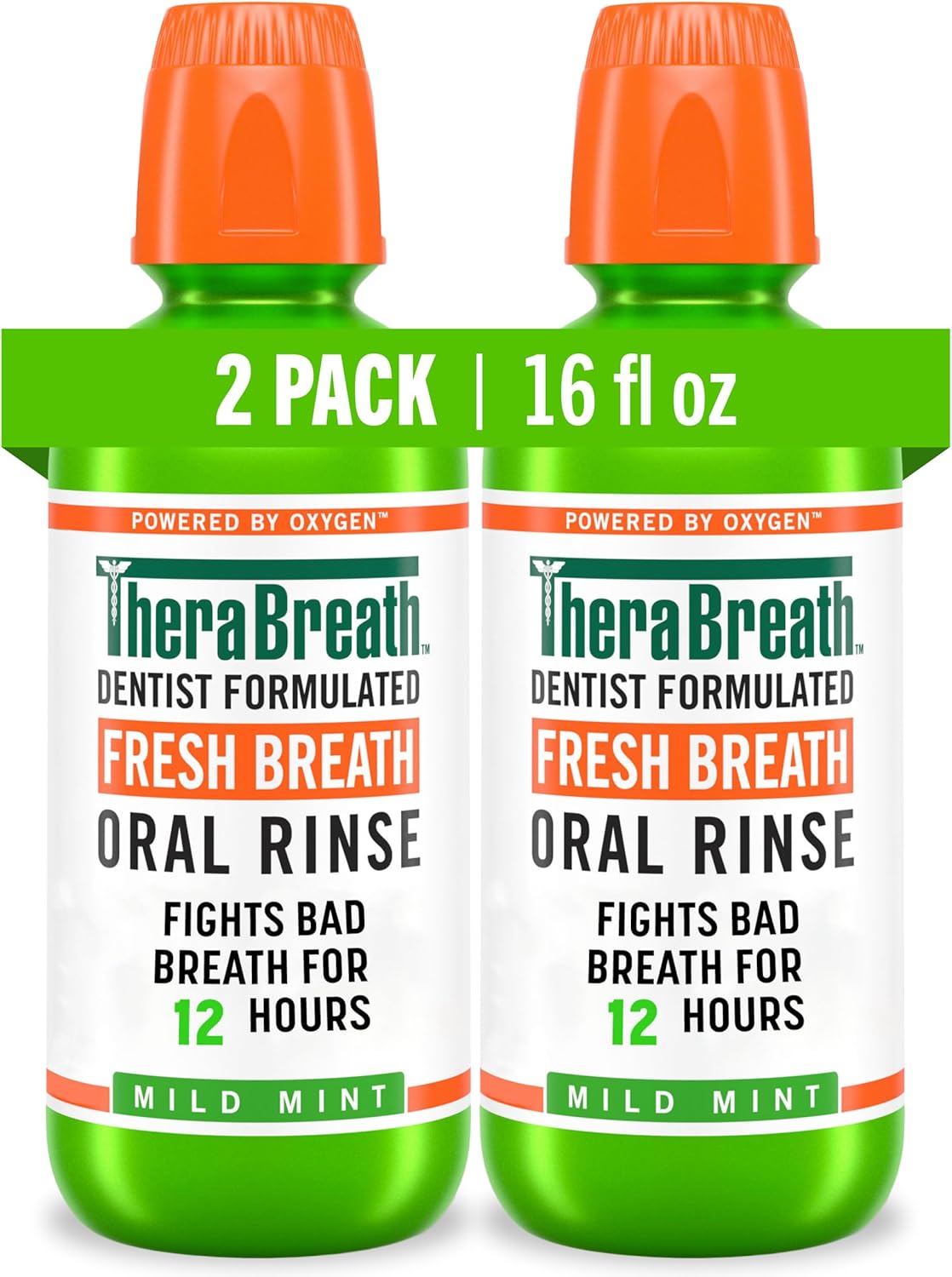 Two bottles of TheraBreath Fresh Breath Oral Rinse on a white background
