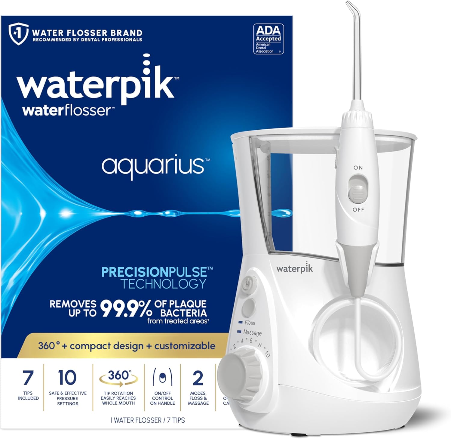 White water flosser with packaging featuring Waterpik branding on a white background